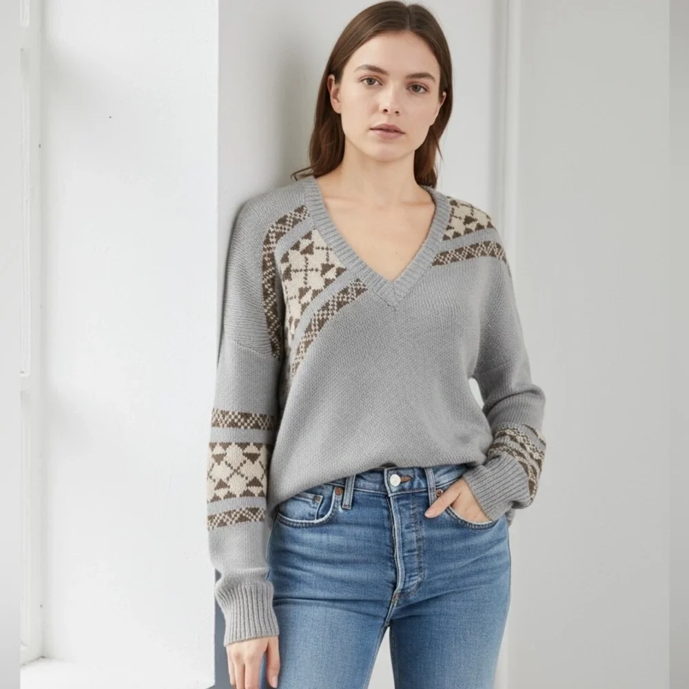 Skull Cashmere Lilian V-Neck Alpaca Wool Fair Isle Print Sweater Sz M - Picture 4 of 16